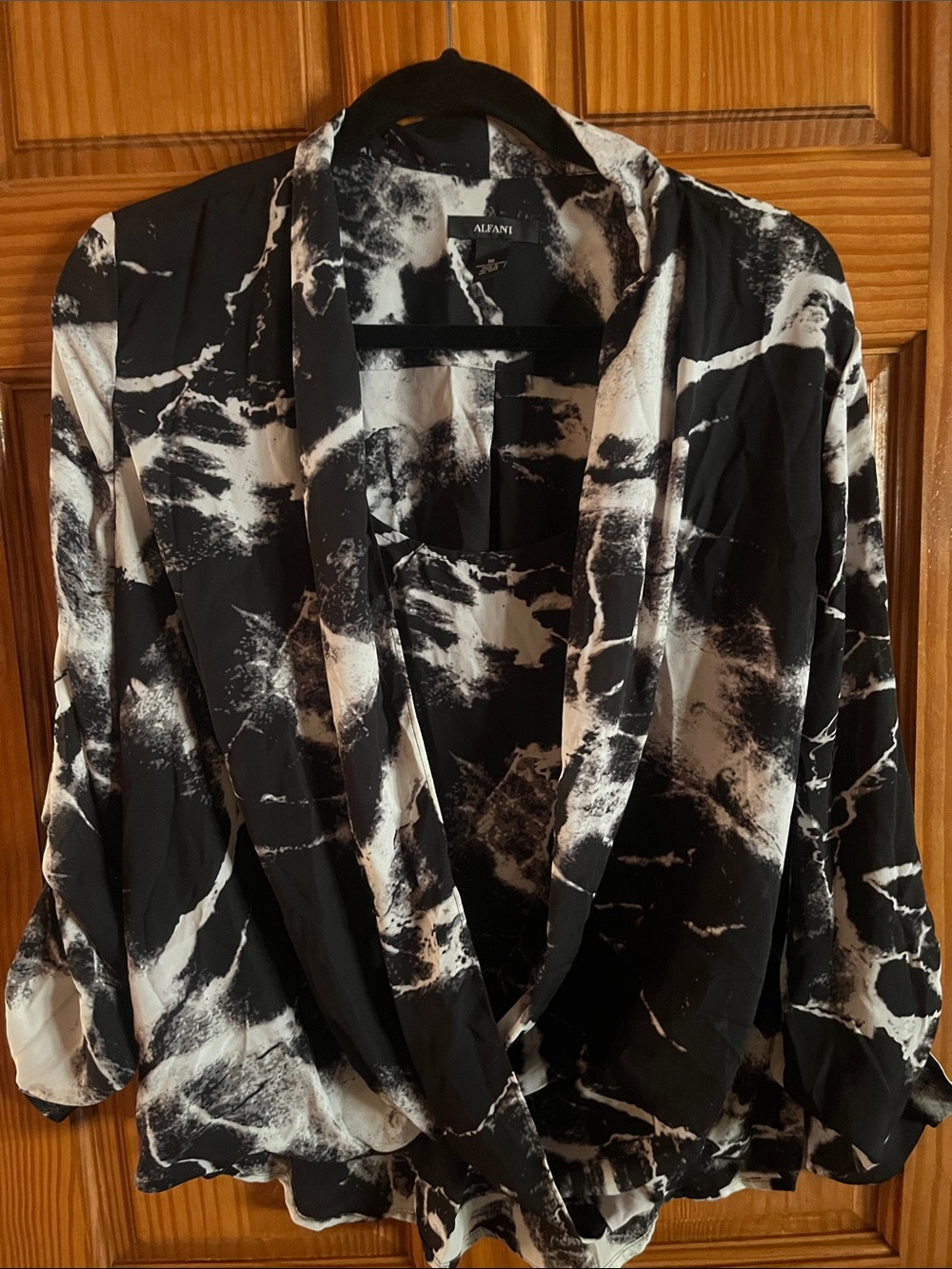 Alfani Black and White Abstract Draped Blouse
